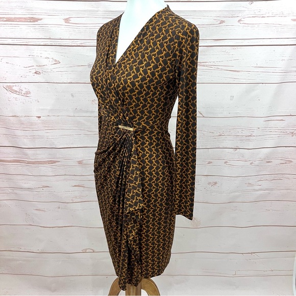 Michael Kors Espresso Chain Link Print Stretch Jersey Faux Wrap Dress - Picture 9 of 14